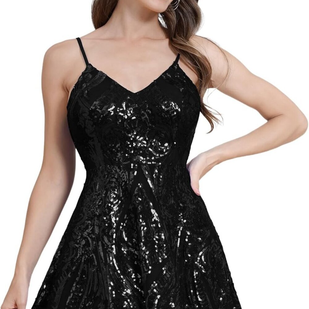Women's Sparkly Sequins A-Line Mini Dress In Black, Small